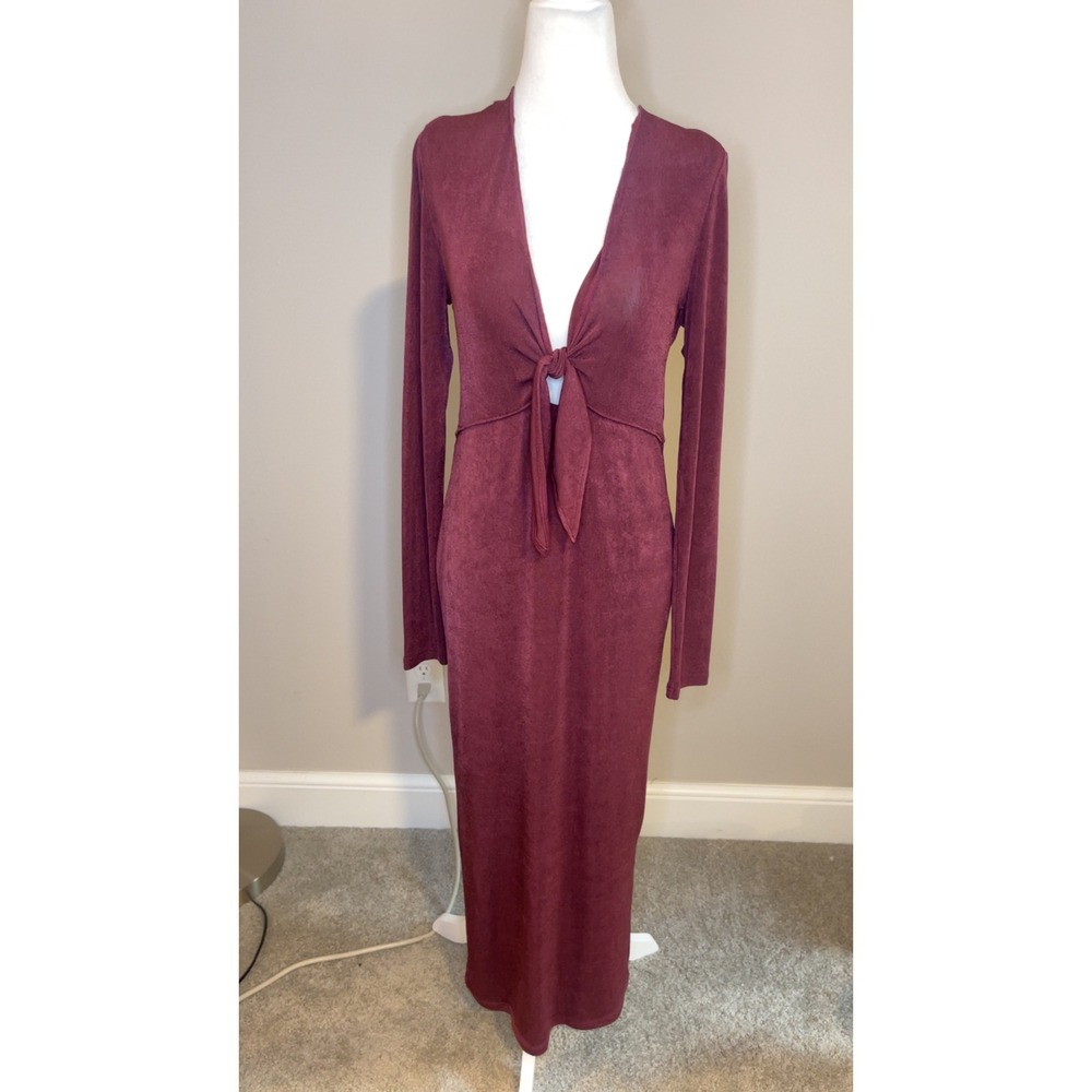 Ripe Burgundy Tie-Front Long Sleeve Midi Dress - Elegant, Size M